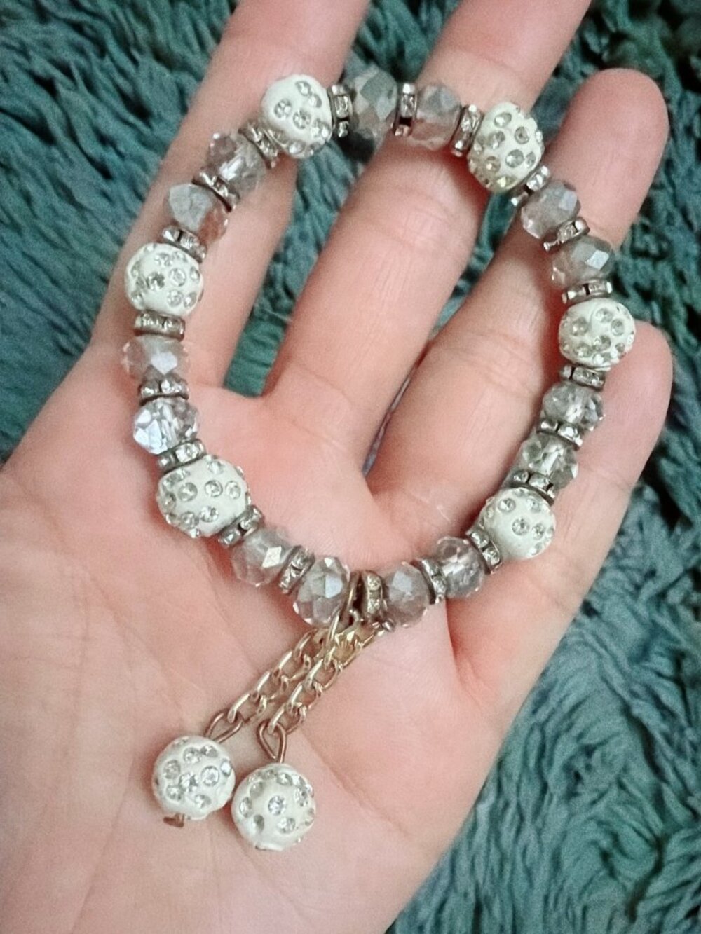 Disco Ball Beaded Stretch Bracelet Crystal Rondelle Dangle Charms White